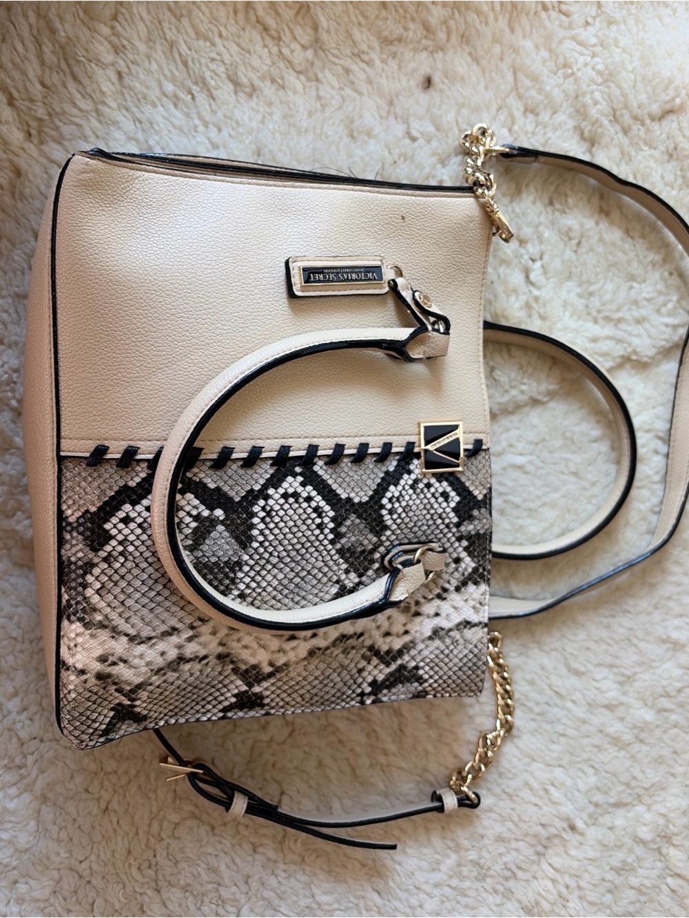 Victoria's Secret Cream Satchel with Snake-Print Accent and Gold Chain Strap - Picture 10 of 10